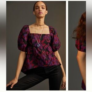Anthropologie Black Pink Purple Tie Back Puff Sleeve Babydoll Peplum Brocade Top